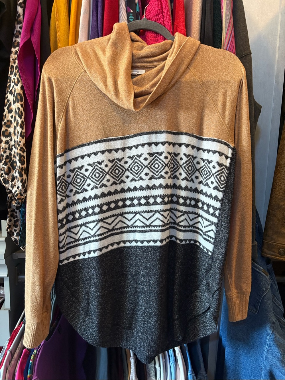 Maurices Tan, White & Black Cowl Neck Patterned Sweater